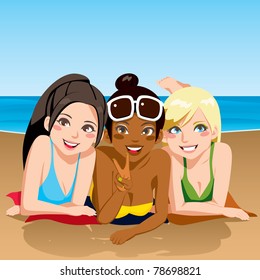 Three girl friends happy together sunbathing lying on the beach looking at front