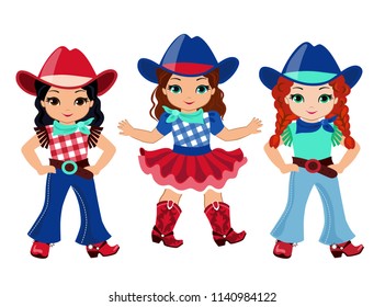 Three girl-friends in a cowboy costume in a red-and-blue color scheme.