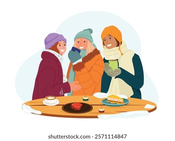 Three girlfriends drinking coffee, eating dessert and chatting outside in a cafe on a winter day, in snowy weather.