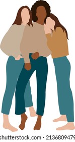 
Three girlfriends in full growth stand embracing side by side