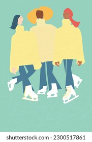 Three girlfriends getting together, practicing figure skating, having fun, dressed in yellow sweaters and blue pants, on a mint background with ice trails made by skates