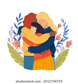 Three girlfriends hug each other, friends support vector illustration in flat style. Socializing with loved ones concept