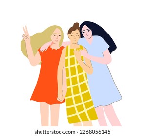 three girlfriends joyfully stand in an embrace. hand drawn illustration