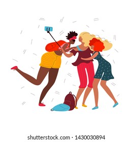 Three girlfriends make selfie together. Young girls spell their summer trip. Bright clipart in flat style with women of different races. Vector isolated design elements.