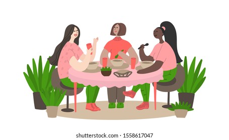 Three girlfriends meet in coffee and have fun talking. Women have lunch in a cafe and have fun talking. Daily life and routine by young woman at home. Flat cartoon vector illustration