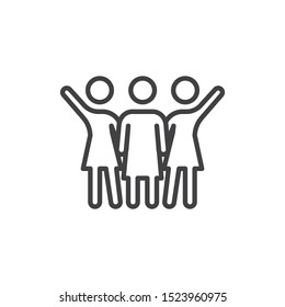 Three girlfriends with raised hands line icon. linear style sign for mobile concept and web design. Girlfriends Friendship outline vector icon. Symbol, logo illustration. Vector graphics