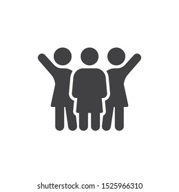 Three girlfriends with raised hands vector icon. filled flat sign for mobile concept and web design. Girlfriends Friendship glyph icon. Symbol, logo illustration. Vector graphics