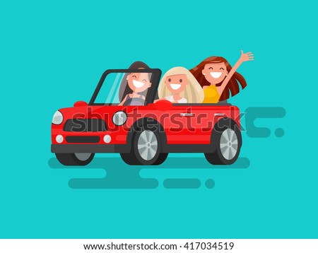 Three girlfriends are riding to a gig. Vector illustration