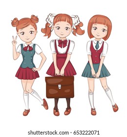Three girlfriends in school uniform. They smile and showing victory sign. Isolated. Isolated on white background.