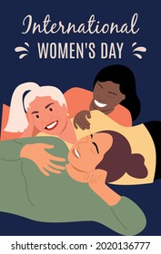 Three girlfriends or sisters hug and laugh together. Congratulations on March 8 or women's national day. Greeting card, wallpaper, template. Vector illustration.