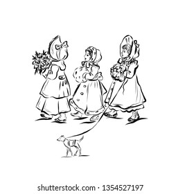 Three girlfriends are walking with dog. Ladies in vintage style from the nineteenth century. Girls dressed in hats, coats with fur collars and cuffs, fur coats. Warm winter clothes. Coloring page.