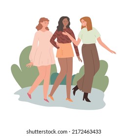 Tres novias caminan juntas. Las mujeres felices hablan y se relajan disfrutando del buen tiempo. Pasando tiempo con sus seres queridos al aire libre. Ilustración plana vectorial aislada en fondo blanco.