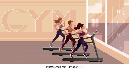 Three girls athletes run on a treadmill in a fitness center. Vector illustration for landing page mockup design or advertising banner.