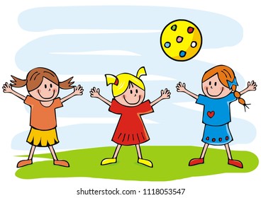 Three girls and ball, funny vector illustration