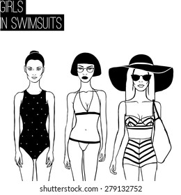 Three girls in bikini swimsuits. May be used as invitation to the party.