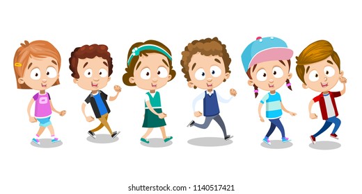 Three girls and three boys joyful got for walk. Six happy brown-eyed and blue-eyed children in colored clothes are going in row. Positive classmates on vacation. Color illustration on white background