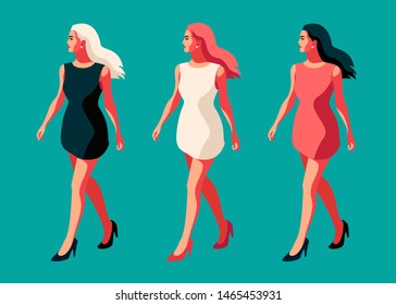 Three girls - brunette, redhead and blonde - in casual summer clothes. Set of female characters, in full height. Vector illustration