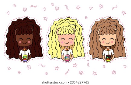Three girls with cake and candle in three color of hair.