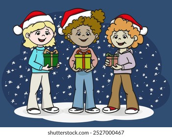 Three girls in christmas clothes hold gifts in their hands. Snow is falling.