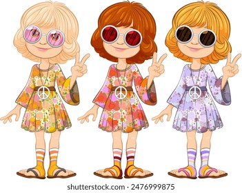 Tres chicas en coloridos trajes hippies