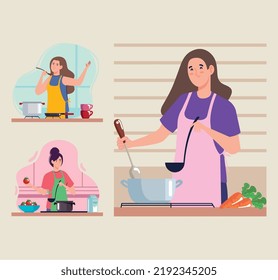 three girls cooking in kitchen