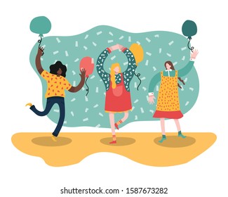 Three girls dance on the white isolated background. Happy and beautiful girls dance on party.Birthday party. Flat simple vector cartoon illutration.