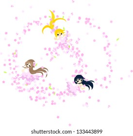 Three girls dancing brilliantly with cherry blossoms.