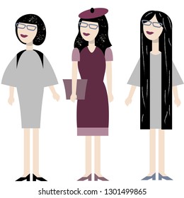 Three girls in different clothes. Women isolated on white background. Flat colored vector illustration
