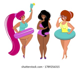 Tres chicas con diferentes colores de cabello y diferentes formas en trajes de baño. Más tamaño