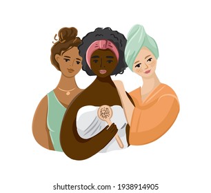 Three girls of different nationalities in dressing gowns for a home spa. African girl with her friends at a pajama party. Facial, body skin care for women of different races. Vector illustration.