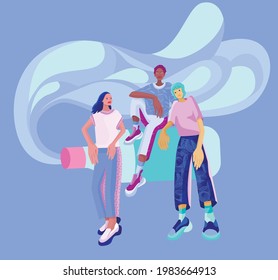 Three girls of different nationalities who stand near a large bottle of water
