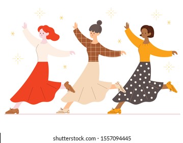 Three girls of different races are dancing the same. hand drawn style vector design illustrations. 