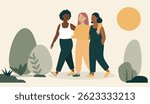 Three girls with different skin colors. Happy friends are walking. Flat vector illustration