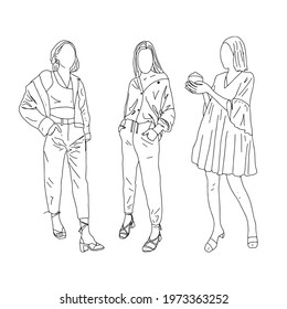 Three girls in different styles of clothing. Linear style. Vector illustration.