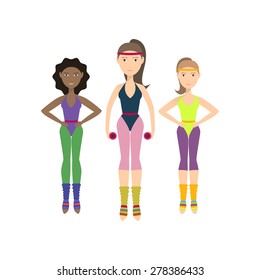 Three girls doing aerobics. Girls in sportswear doing exercise. Healthy lifestyle. Girl with dumbbells coach. Stock vector.