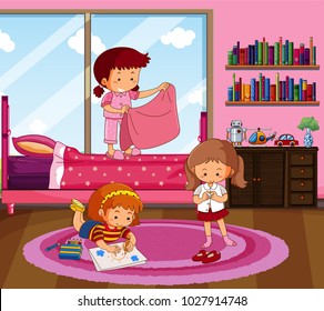 Three girls doing different things in bedroom illustration