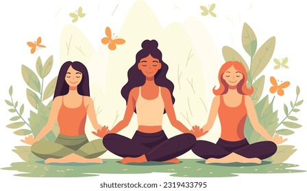 three girls doing illustration, international yoga day, yoga day banner,  yoga day background