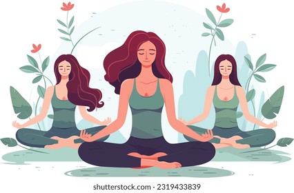 three girls doing illustration, international yoga day, yoga day banner,  yoga day background