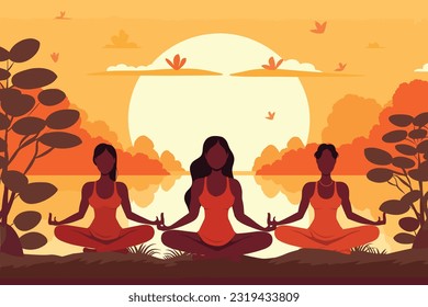 three girls doing in a sunrise illustration, international yoga day, yoga day banner