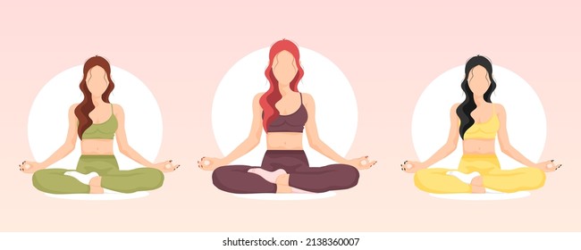 Three Girls Doing Yoga in Green, Purple and Yellow Sport Uniforms. Lotus Pose. Healthy Lifestyle Poster for Yoga Studio