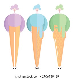 Three girls dressed with acid colors becoming ice creams, strawberry, smurf, mint