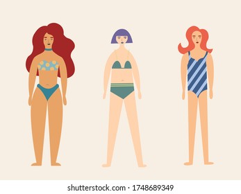 Three girls dressed in fashionable swimsuits are standing. Girl power concept. Female cartoon characters. Hand drawn color vector set. All elements are isolated.