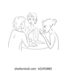 Three girls drinking tea and talking. Vector drawing sketch.
