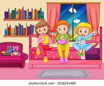 Three girls eating snack in bedroom illustration