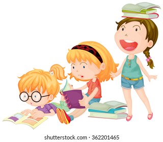 Three Girls Enjoy Reading Books Illustration Stock Vector (Royalty Free ...