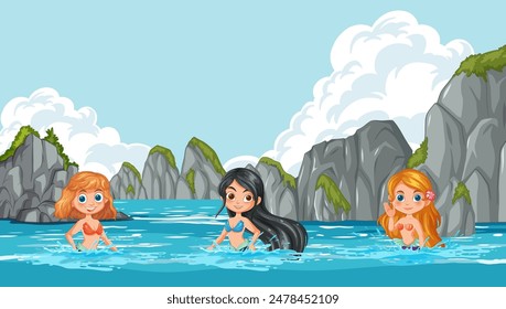 Three girls enjoying a swim in the ocean