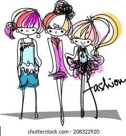 three girls fashion show cartoon look vector file colorful set