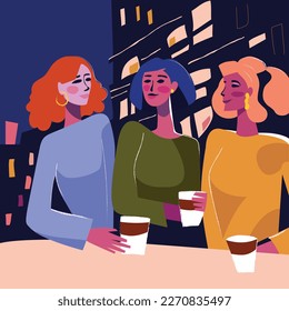 Three girls friend sitting together and drinking coffee
