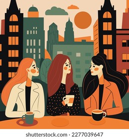 Three girls friend sitting together and drinking coffee editorial illustration.	