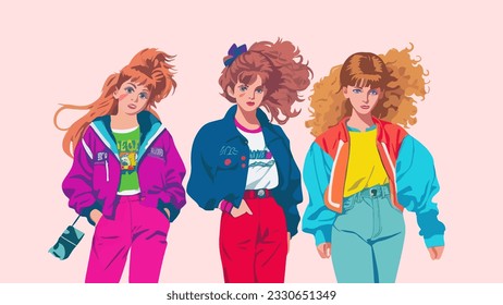 Three girls friends from the 90s. Set of illustrations. Vector isolated on white background